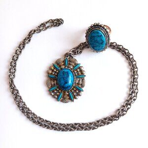 Turquoise Look Boho Necklace and Ring Vintage 1970s